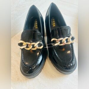 Guess Black Patent Loafers with Gold Chain Detail